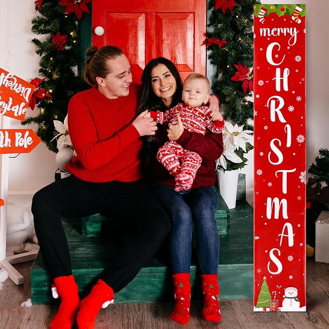Christmas Wooden Porch Sign 47.2" Merry Christmas Snowflake Welcome Porch Signs for Front Door Xmas Vertical Standing Signs Wooden Hanging Sign Decor for Xmas Garden Home Front Door Yard Farmhouse Decor