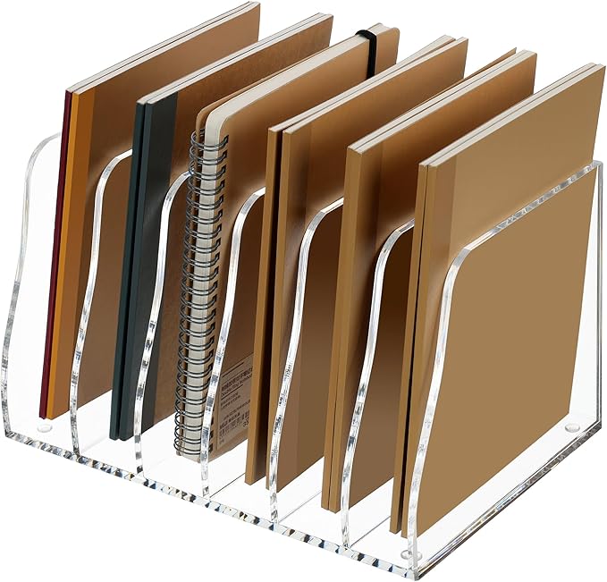 SANRUI Acrylic Desk File Organizer, 6 Vertical Compartments Clear Magazine File Holder Workspace Sorters, Folder Rack for Office Accessories Organization Storage