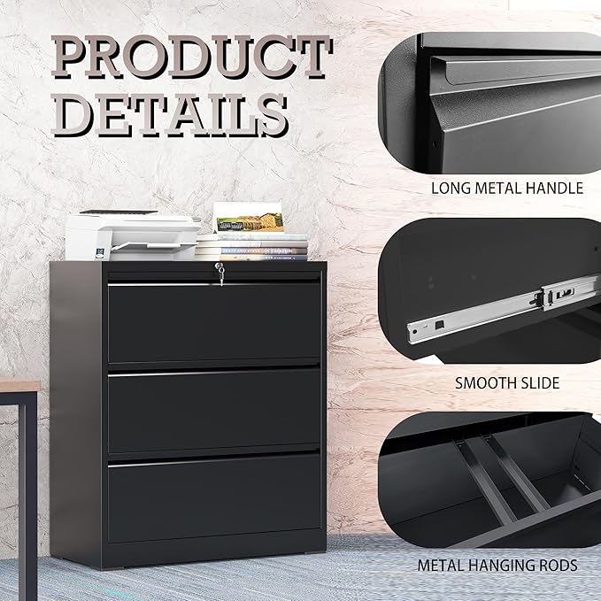 3 Drawer Lateral File Cabinet with Lock, Metal File Cabinet, Lateral File Cabinets for Home Office, Heavy Duty File Storage Cabinet for Legal/Letter/A4 Document, Assembly Required, Black