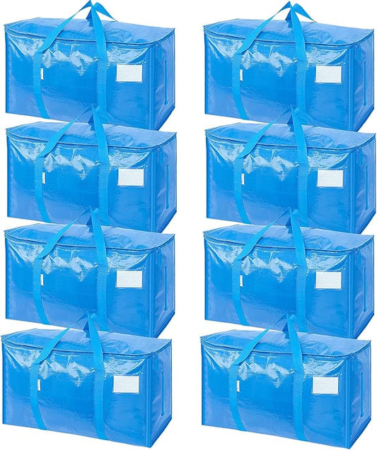 TICONN 8 Pack Extra Large Moving Bags with Zippers & Carrying Handles, Heavy-Duty Storage Tote Moving Boxes for Space Saving (8 Pack, Sky Blue)
