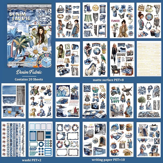 Snycler Denim Fabric Theme Sticker Scrapbooking Supplies for Junk Journal, 20 Sheets PET Stickers - Vintage Journaling Stickers, Ephemera Sticker Book Pre Cut, Planner, Junk Journal Supplies