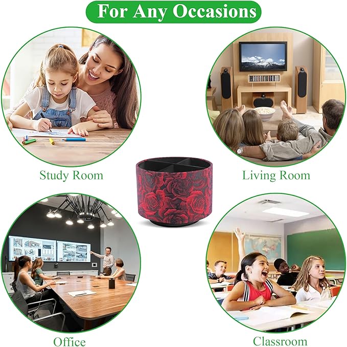 QIELIZI Round Leather Art Supply Organizer,Remote Control Holder,360 Degree Rotating,Multi-Functional Pencil Holder,4 Compartments Desktop Stationary Organizer(1-3D Rose Red)