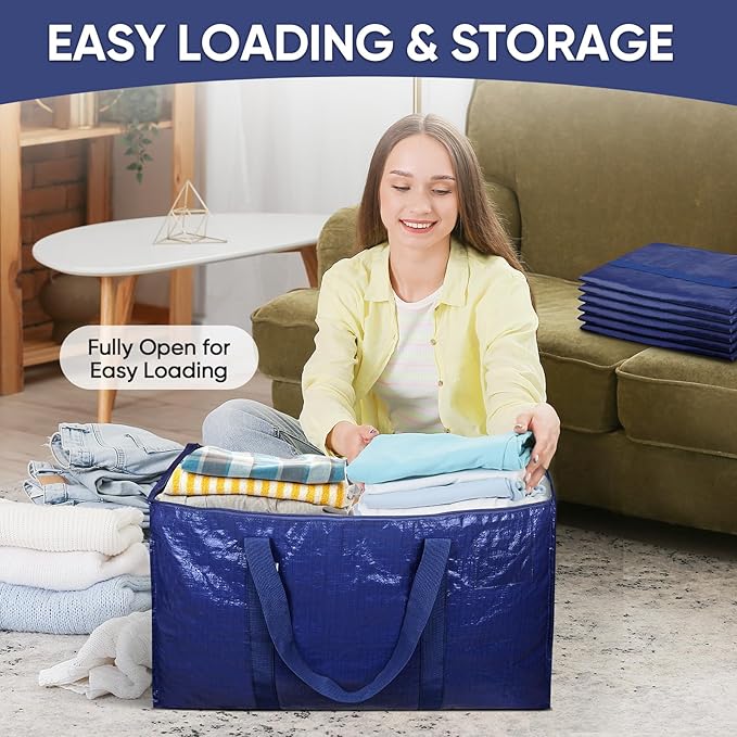 TICONN 4 Pack Extra Large Moving Bags with Zippers & Carrying Handles, Heavy-Duty Storage Tote Moving Boxes for Space Saving (4 Pack, Navy)