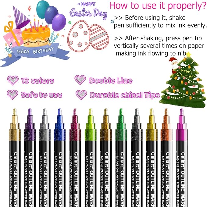 Caliart 12 Colors Outline Shimmer Markers, Glitter Metallic Marker Pens, Stocking Stuffers for Teen Girls Boys Adults Christmas Gifts Trendy Stuff, Cool Fun Craft Drawing Art Supplies Set