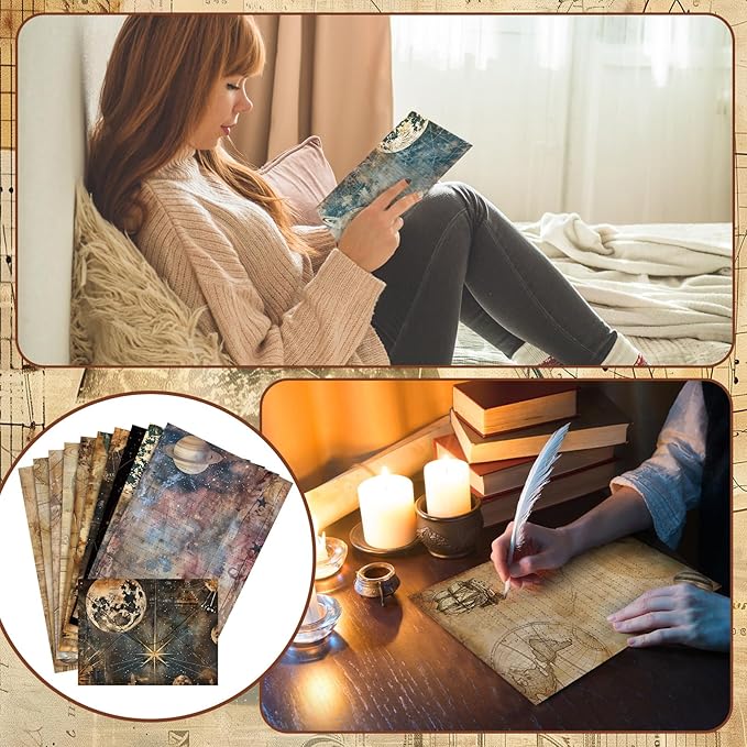 TaoBary 160 Pcs Stationery Paper Set 50 Double Sided Stationery Papers with 50 Matching Envelopes and 60 Round Dot Sticker, 10 Design(Space Spoon,5.5 x 8.25 Inch)