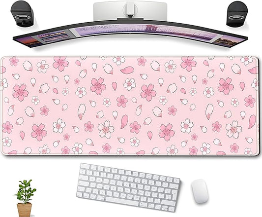 Cherry Blossom Mouse Pad Kawaii Pink XL Large Extended Gaming Desk Mat Cute Pastel Anime Desk Pad Aesthetics Laptop Keyboard Mouse Mat Women Office Decor Mousepad with Stitched Edges 31.5''x11.8''