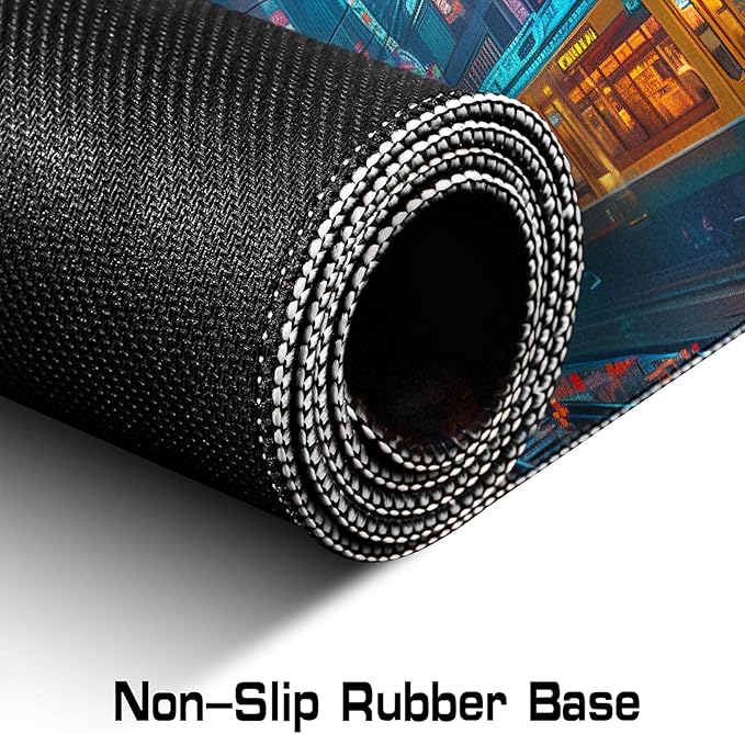 Japanese Anime Retro City Night Scene Mouse Pad, Non Slip Base and Stitched Edge Design, Suitable for Office and Home Desktops, Size 35.4 x 15.7 Inches