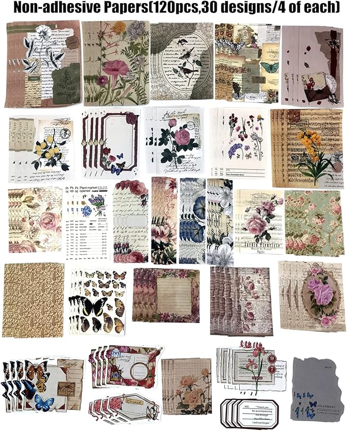 260PCS Vintage Journaling Scrapbooking Supplies Scrapbook Sticker Paper Ephemera Pack for Bullet Junk Journal Planners Collage Craft Notebooks Album (Flowers and Butterflies)