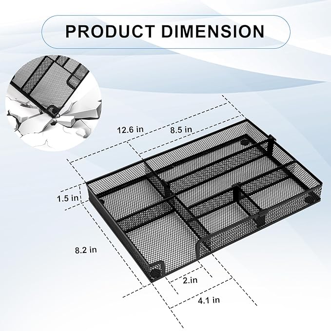 Desk Drawer Organizer Tray, with 2 Adjustable Compartments, Metal Mesh Drawer Organizer, Multifunction Desktop Drawer Organizer Organizer Set for Office, Home and School Supplies, 2PCS