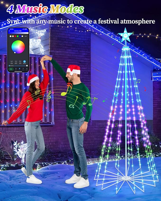 Brightever Smart Christmas Cone Tree, 7FT 295 LED Outdoor Christmas Tree Prelit with 16 Million RGB Light Show, APP/Remote Control Color Changing Music Sync Outdoor String Lights for Xmas Decorations