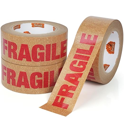 TAPEBEAR Fragile Tape Eco-Friendly Kraft Paper Tape 2Inch x 55Yard, Biodegradable Packaging Brown Paper Tape Self Adhesive Box Tape for Small Business, Shipping, Sealing, Moving, 3Rolls