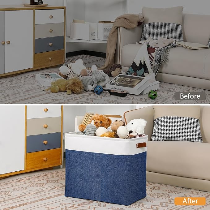 DULLEMELO 51L Large Baskets for Storage, Large Rectangular Baskets for Shelves [3 Pack], Blanket Basket Dog Toy Basket for Organizing Closet, Nursery, Clothes,Toys (White&Blue)