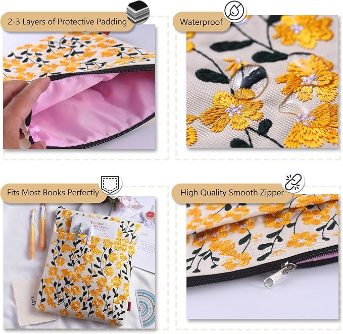 LParkin Embroidered Daisy Flower Book Sleeve with Zipper - Washable Fabric Book Cover Protector for Paperbacks & Hardcover, Gift for Book Lovers (Yellow, 11x8.5 Inch)