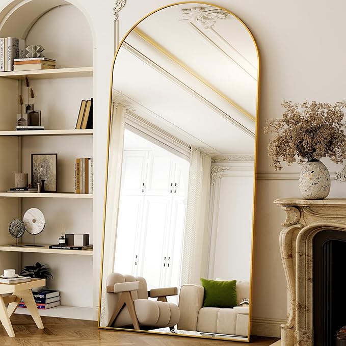 GLSLAND-38x77 inch Arched Full Length Mirror - Floor Mirrors Aluminum Alloy Frame Full Body Dressing Mirror for Bedroom Living Room,Gold