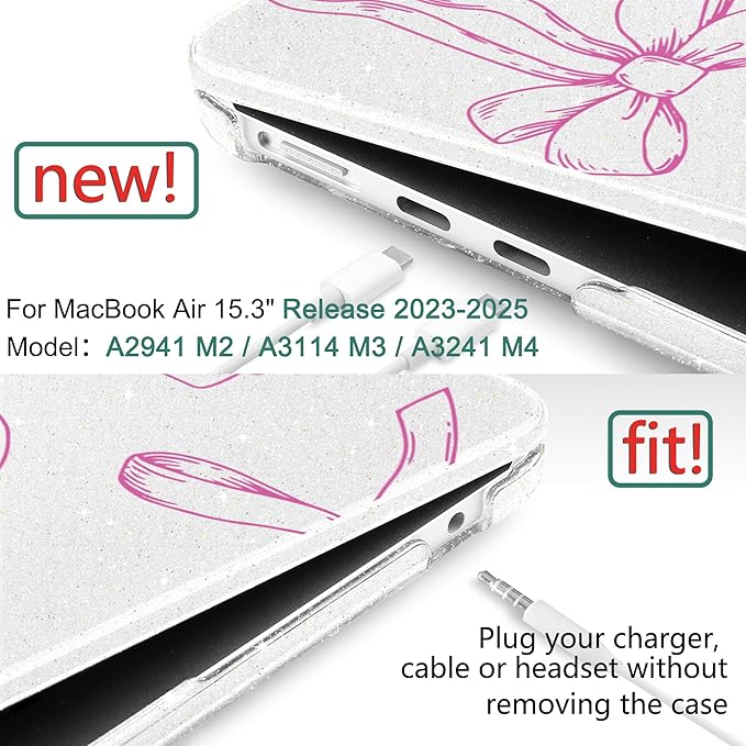 DONGKE Compatible with M4 MacBook Air 15 inch Case 2025-2023 A3241 A3114 A2941 M3 M2 Retina Display Touch ID, Plastic Hard Case & Keyboard Skin for MacBook Air 15" - Sparkly Clear Bows