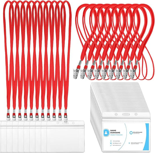 Marspark 100 Sets Clear Name Tags with Lanyard, Lanyards for ID Badges Reusable Strap with ID Holder Plastic Name Badges for Adults Business School Church Conference (Red)