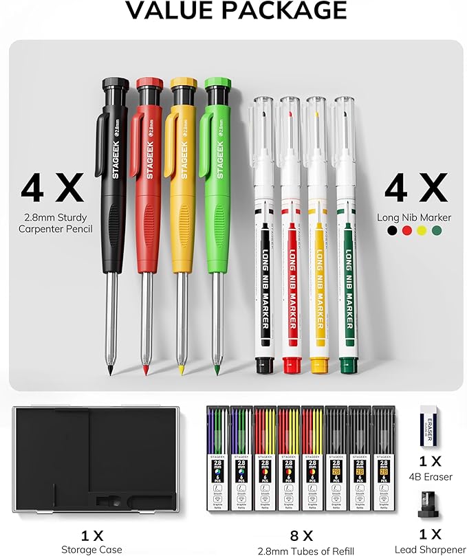 4PCS Carpenter Pencils with Sharpener, Heavy Duty Woodworking Pencils, Mechanical Carpenter Pencil with 52 Refills, Deep Hole Long Nib Marker Pens for Architect Construction Marking with Case