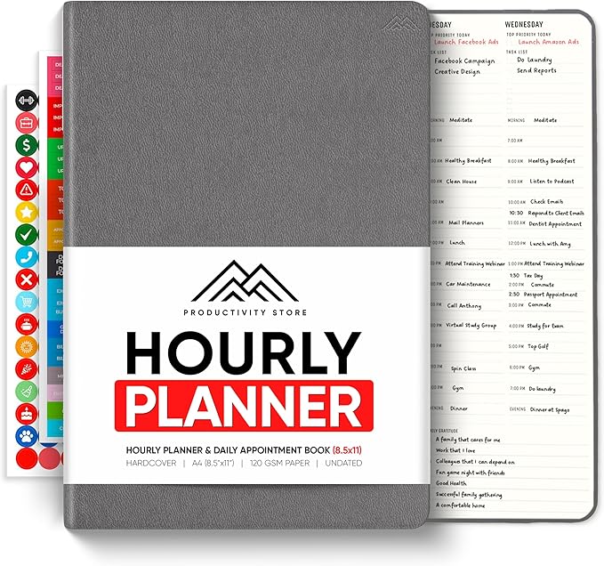 Hourly Planner & Appointment Book (8.5” x 11”) - Premium Hourly Planner with Daily Schedule & 30-Minute Time Slots for Better Time Management by PRODUCTIVITY STORE (A4, Gray)