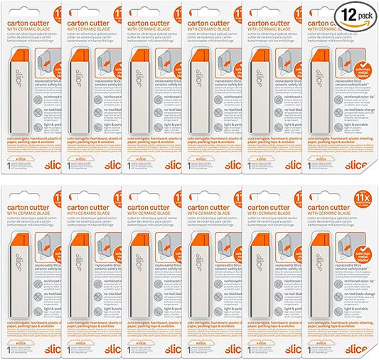 Slice Manual Carton Cutter | Safe Ceramic Box Cutter | Lasts 11x Longer than Metal | Single Edge Razor Blade | Mini Box Cutter | 12 Pack