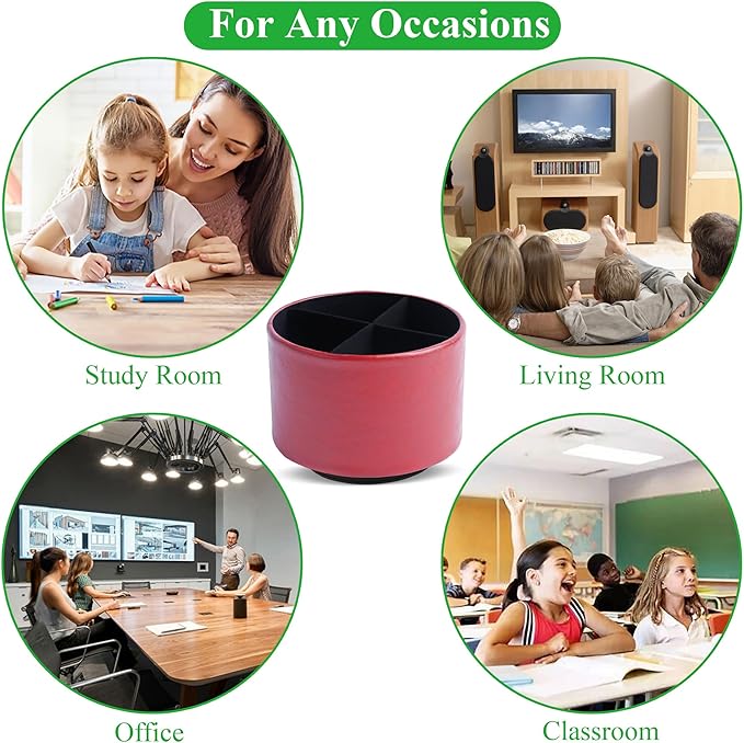 Hennaja Round Leather Art Supply Organizer,Remote Control Holder,360 Degree Spinning,Multi-Functional Pencil Holder,4 Compartments Desktop Stationary Organizer(1-Oil Red)