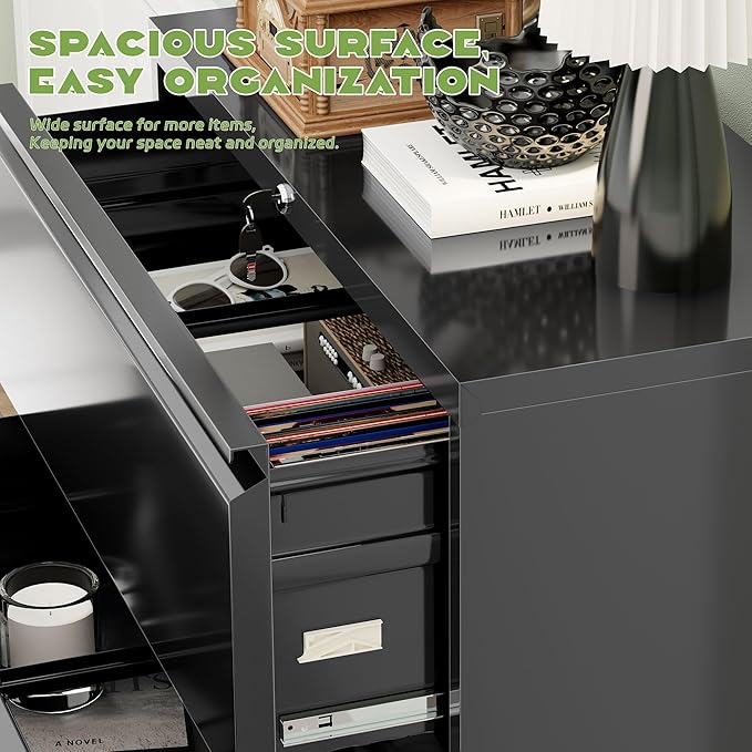 Superday Lateral File Cabinet 3 Drawer Metal File Cabinet with Lock, Black Filing Cabinets for Home Office, Locking Filing Cabinets Hanging Files Letter/Legal/F4/A4