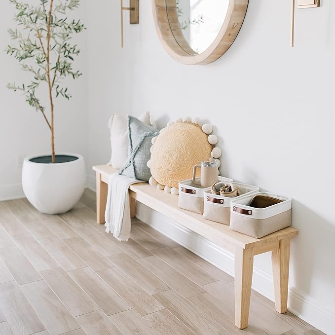 OrganiHaus Small Fabric Storage Baskets for Shelves 3 Pack, 12x8in Closet Storage Bins for Shelves, Cloth Baskets for Organizing, Linen Closet Organizers, Fabric Basket, Beige/White