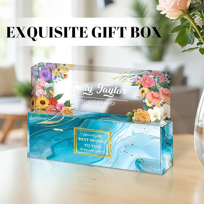 Ship Next Day Personalized Name Plate for Desk, Custom Acrylic Desk Name Sign, Office Appreciation Gifts for Women Men Coworkers Boss Teacher Employee (Flower)