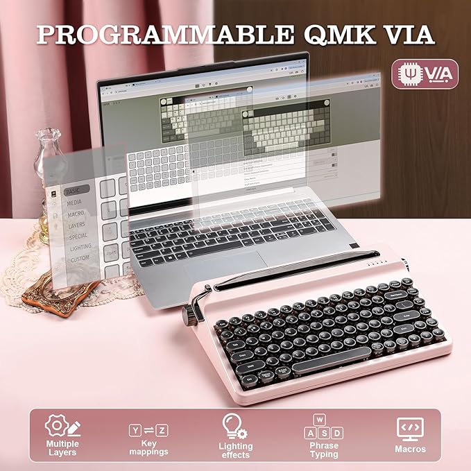 YUNZII QL75 Wireless Typewriter Hot Swap Retro Mechanical Keyboard,Punk Round Keycaps,RGB Backlit QMK/VIA Programmable,Multi-Device Keyboard with 2.4GHz/Type-C/BT5.0 (Pink, Cocoa Cream V2 Switch)