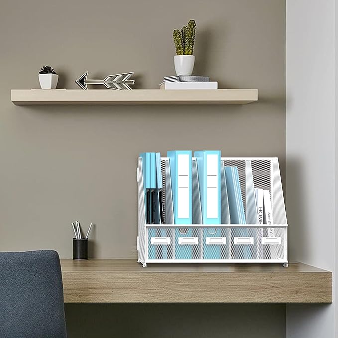 SUPEASY Desk Organizers Metal Desk Magazine File Holder with 5 Vertical Compartments Rack File Organizer for Office Desktop, Home Workspace, White Plus
