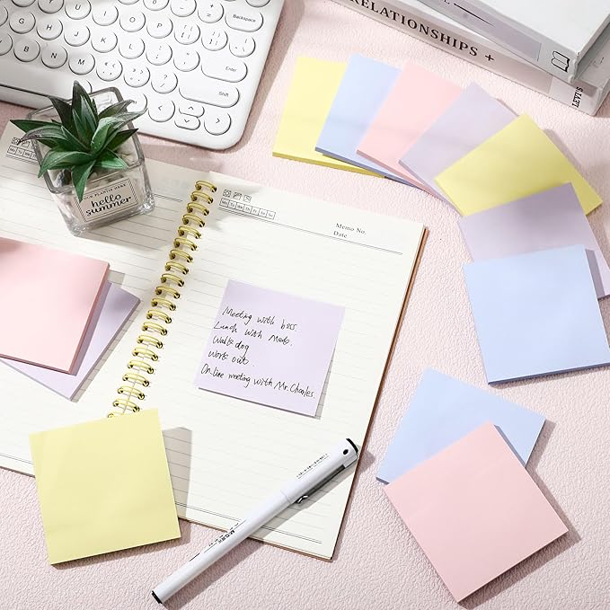 Thenshop 12 Pads Pastel Sticky Notes 3''x3'', Self Stick Notes Pads Pastel Office Supplies, Vintage Aesthetic School Accessories 50 Sheets/pad