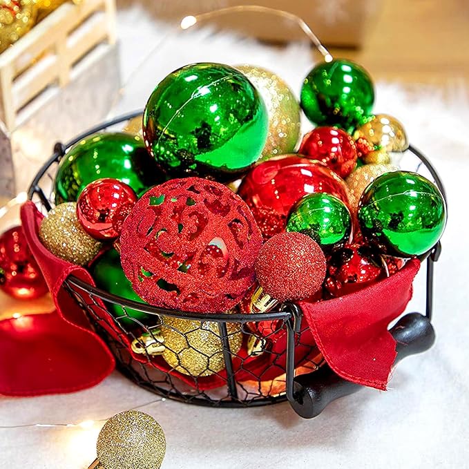 101 PCS Christmas Tree Ornaments Decoration Set, Red Golden Green Shatterproof Plastic Baubles Christmas Balls for Xmas Holiday Decorations