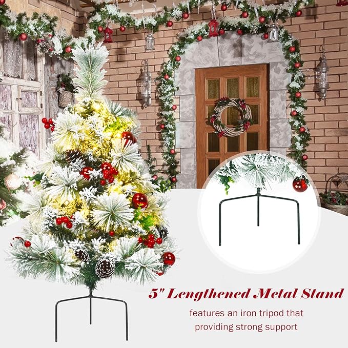 HAPPYGRILL Outdoor Pathway Christmas Tree Set of 2, Pre-Lit Snow Flocked Xmas Trees with LED Lights, 8 Light Modes, 29 inch Battery Powered Porch Christmas Trees for Holiday Decoration