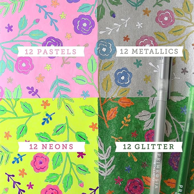 Primrosia 48 Glitter Gel Pens, inc. Metallic, Pastel & Flourescent for Adult Coloring Book & Bullet Journal Pens. No-Bleed-Through in a Variety of Shades, 7.5x More Ink Fine Point Markers Set