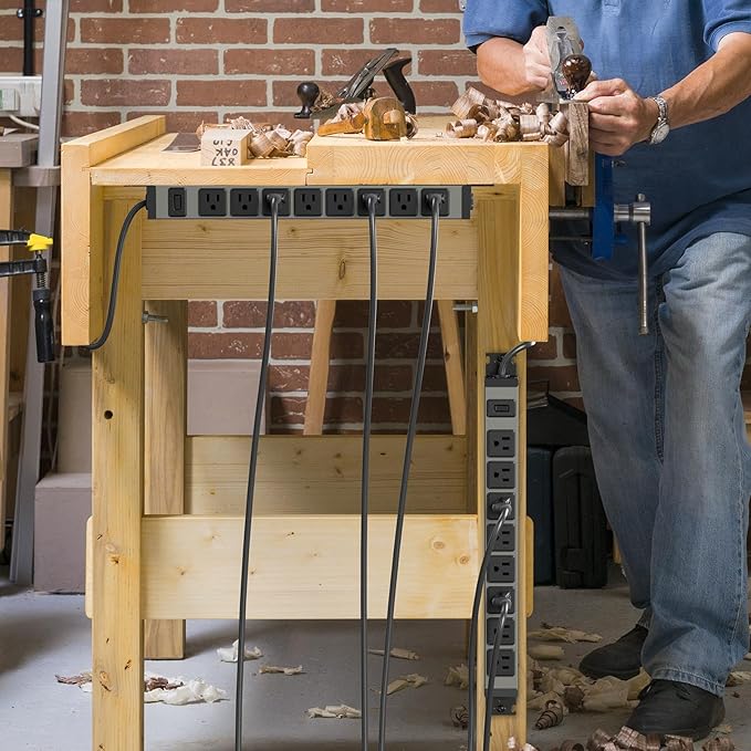 JUNNUJ Heavy Duty Power Strip 8 Outlet Wall Mount, Metal 20 Amp Surge Protector 1200J, Garage Industrial Outlets 6-20R T-Slot, 6FT 12AWG Extension Cord.