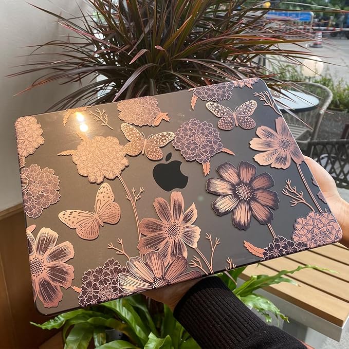 Teryeefi for M1 M2 MacBook Pro 13 inch Case 2022 2020-2016 Release (Model A2338 A2289 A2251 with Touch Bar), Plastic Hard Shell Case & Keyboard Cover & Screen Protector, Gold Flowers