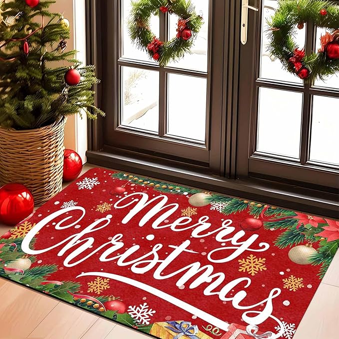 InterestPrint Merry Christmas Welcome Mat Low Profile Entrance Decoration Easy Clean Door Rug Christmas Red Doormat Outdoor Entrance for Outside Entrance Or Porch Entry, 18" x 30"Inch