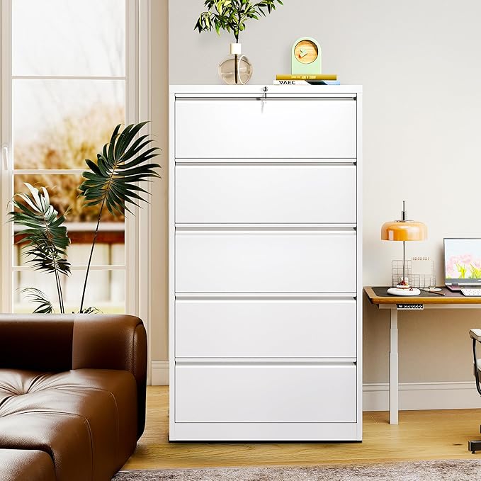 5-Drawer Lateral File Cabinet with Lock, Black Metal Filing Cabinet for Office or Home – Secure Storage for Letter/Legal/A4/F4 Documents, Easy to Assemble Locking File Organizer (White, 5 Drawer-64"H)