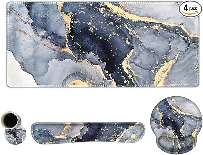 ARTSO Large Mouse Pad Ergonomic Keyboard Wrist Rest Support Combo, Memory Foam Gel Extended Desk Mat Protector, Non-Slip Desk Blotter, Dark Blue Marble