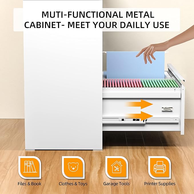 INTERGREAT 4 Drawer Lateral File Cabinet,White Lateral Filing Cabinet with Lock, Metal Steel Horizontal File Cabinets for Home Office, Easy Assembled