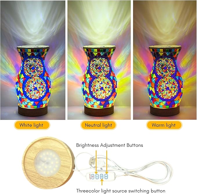 Mosaic Vase Lamp, Turkish Moroccan Table Lamp, Colorful Handmade Glass Vase, Water-Fillable, Vase, Decorative Lamp, Three-Color Light, Suitable for Bedroom Ambient Living Room Farmhouse