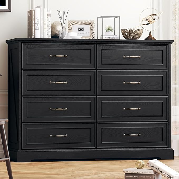 8 Drawer Dresser for Bedroom, 47" Wide Wooden Chest of Drawers, Rustic Farmhouse Dresser with Large Drawers & Metal Handles, Modern Storage Organizer for Closet, Living Room, Hallway, Black