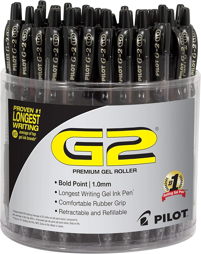 Pilot G2 Premium Gel Pens, Black Pens, Bold Point 1 mm, Tub of 48, Black