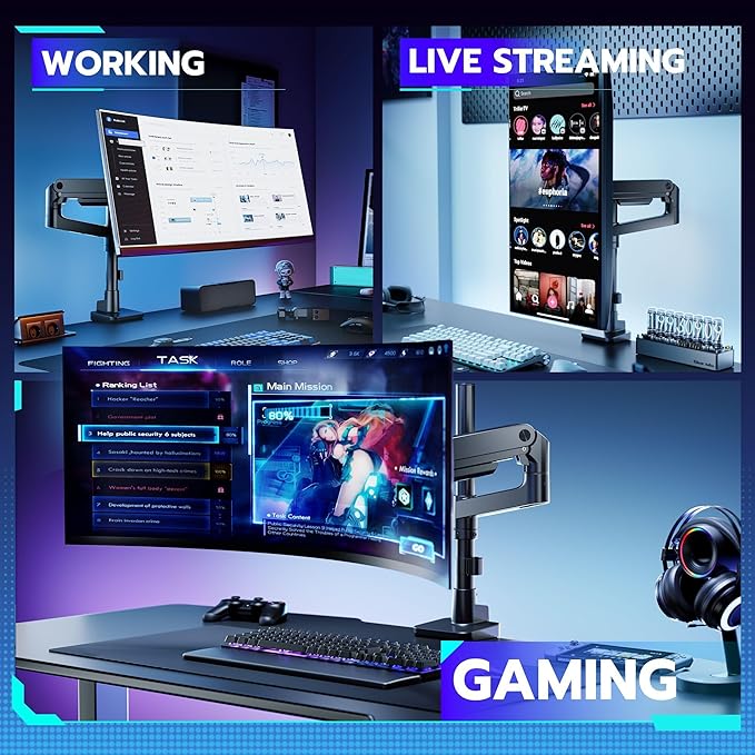 ARES WING Heavy-Duty Monitor Mount for 17-49 inches Ultrawide Curved Flat Monitors, Holds 44lbs, with Extended Column for Desk, Adjustable Gas Spring, White