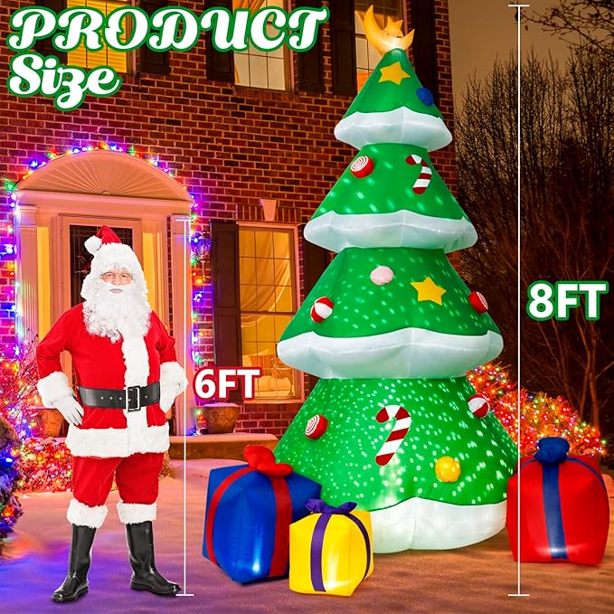 Outdoor Christmas Inflatables Decorations, 8FT Inflatable Christmas Tree with Build in Rolated Snowflake Lights, Blow up Inflatable Tree with Gift Boxes and Moon for Christmas Party Indoor, Outdoor,