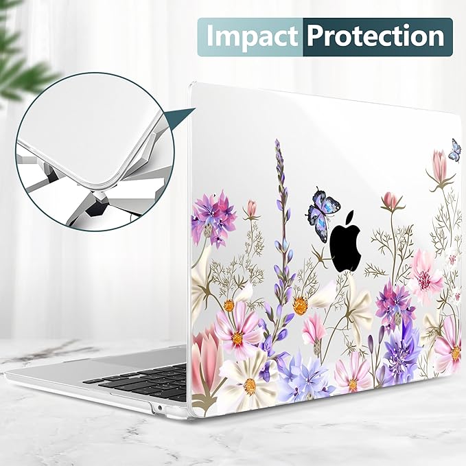 DONGKE Compatible with M4 MacBook Air 15 inch Case 2025 2024 2023 A3241 A3114 A2941 M3 M2 Liquid Retina Display Touch ID, Plastic Hard Case & Keyboard Skin & Screen Protector - Butterfly Floral