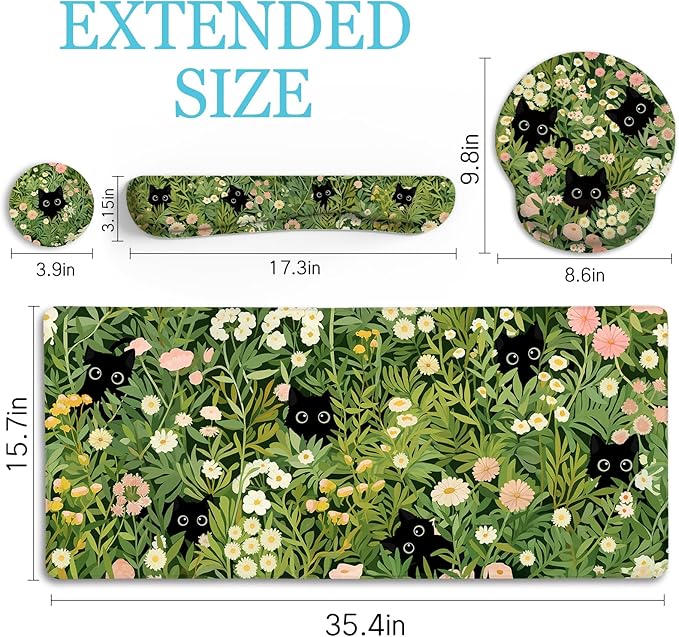 Cat Ergonomic Mouse Pad with Wrist Rest Desk Mat Set, Green Gaming Mouse Pad Wrist Support, Keyboard Mat Wrist Rest Cup Coaster Funny Office Decor