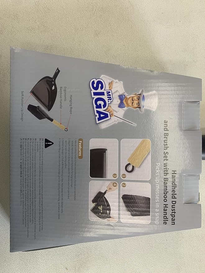 MR.SIGA Dustpan and Brush Set, Portable Cleaning Brush and Dustpan Combo with Bamboo Handle, Black, 1 Set