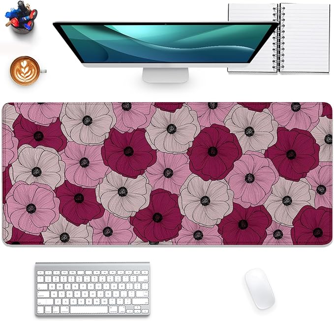Abstract Floral Mouse Pad Desk Pad,Boho Art Flowers Extended Gaming Mouse Mat with Stitched Edges Non-Slip Waterproof Rubber Base Mous Mat for Office Home Game Desk Pad(27.5X11.8 in)