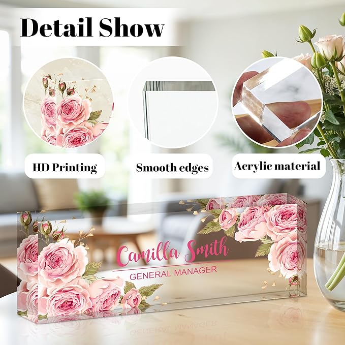 Ship Next Day Personalized Name Plate for Desk, Custom Acrylic Desk Name Sign, Office Appreciation Gifts for Women Men Coworkers Boss Teacher Employee (Pink Rose)