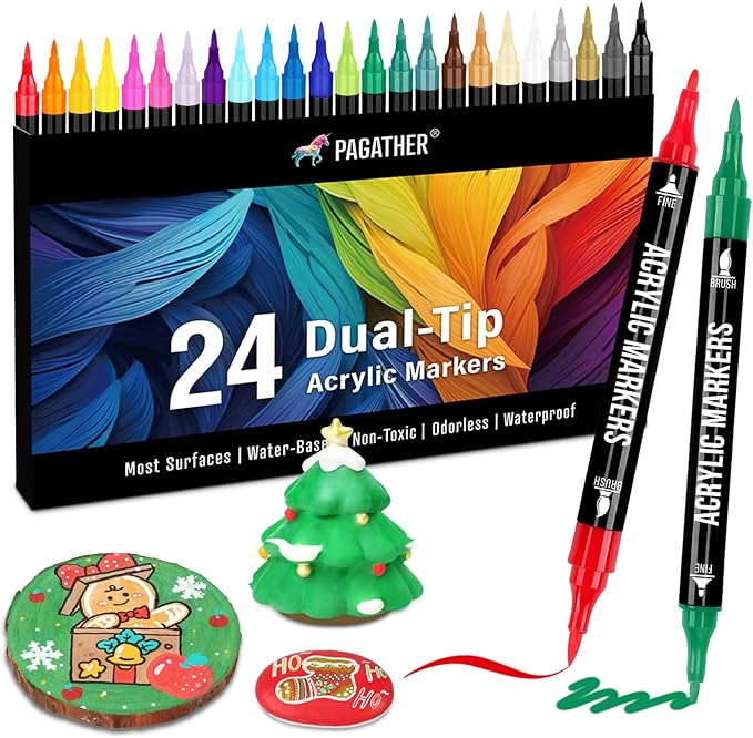 24 Colors Acrylic Paint Markers, Dual Tip with Fine Tip and Brush Tip Pens for Stone, Wood, Calligraphy, Canvas, Ceramic, Metal, Glass, Rock Painting, DIY Crafts